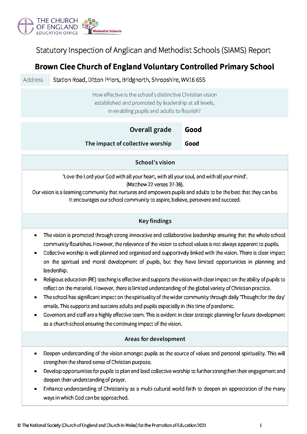 SIAMS Inspection Report – Brown Clee CE Primary School