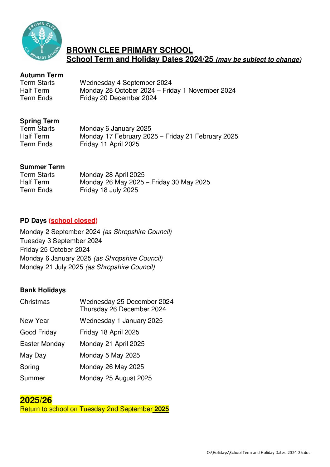 Term Dates and PD Days – Brown Clee CE Primary School